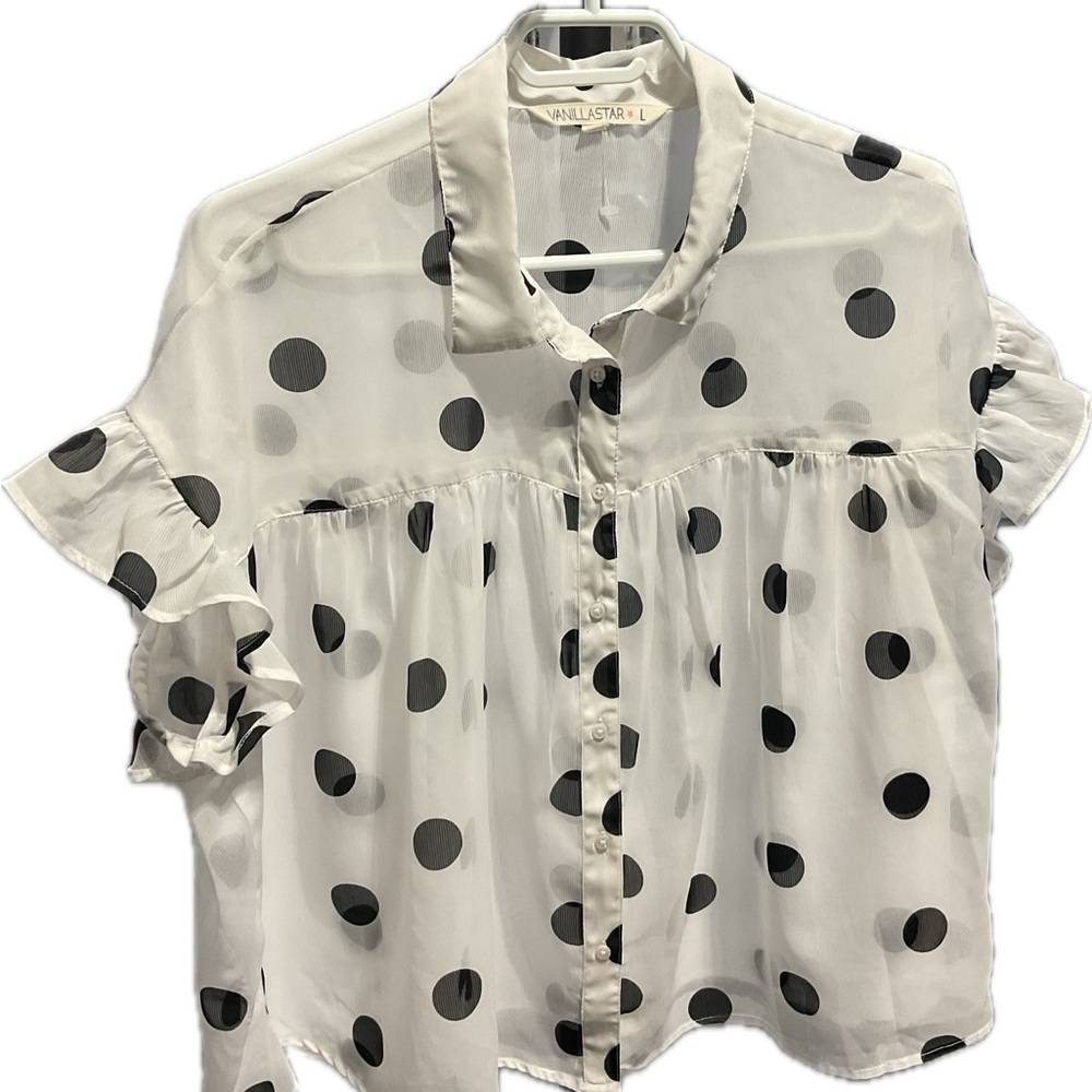 Vanilla Star White Polka Dot Semi Sheer buttoned Women's Top